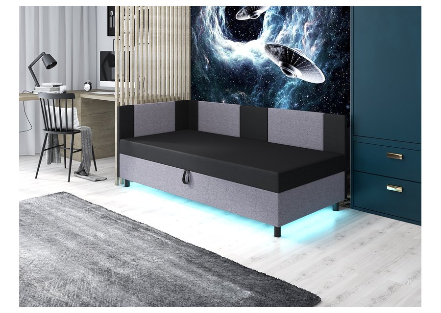 Axel LED – Paneele im Winkel, Bettkasten und LED-Band unter dem Rahmen