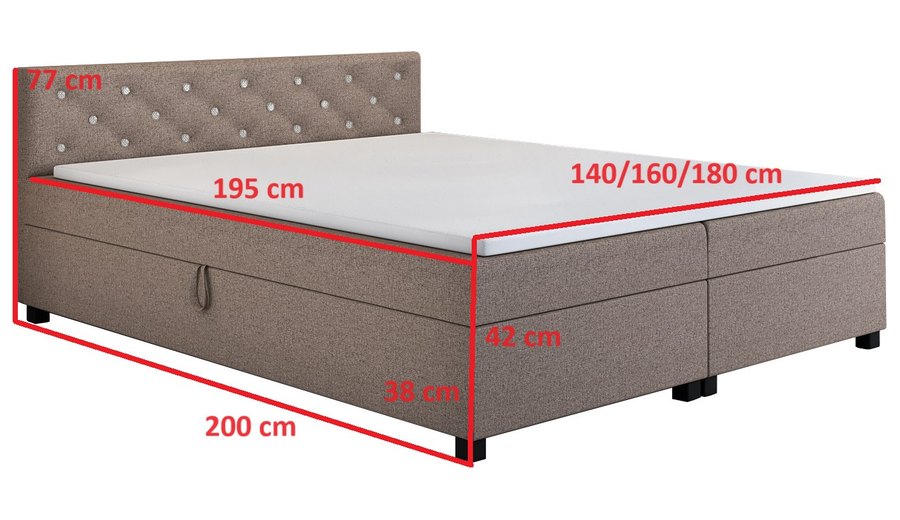 Maßzeichnung — Princess 140x200 Goldbeige – Doppelbett mit Bettkasten und Kristallen im Kopfteil