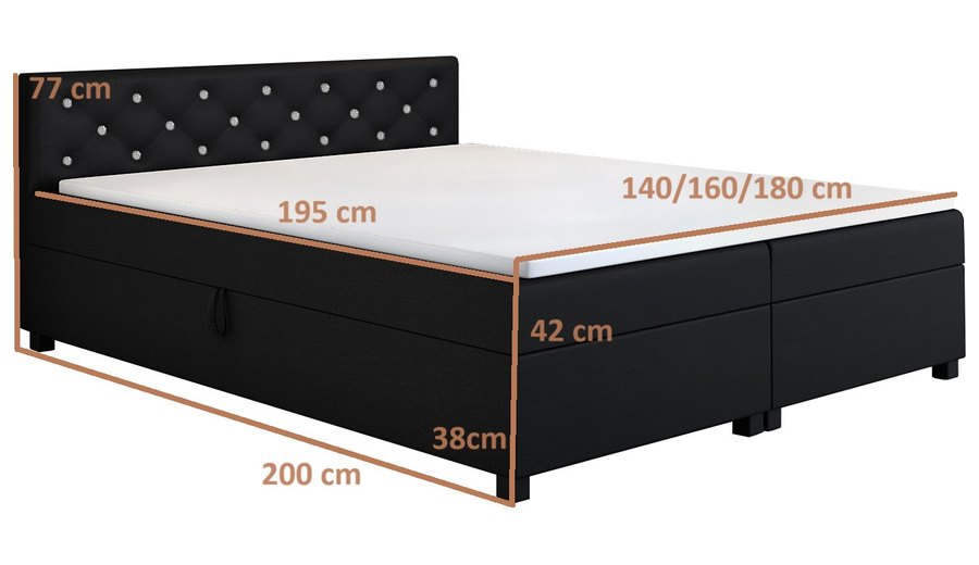 Maßzeichnung — Princess 140x200 Schwarz – Doppelbett mit Bettkasten und Kristallen im Kopfteil