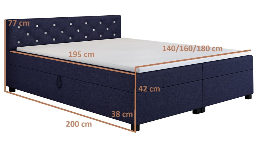 Maßzeichnung — Princess 140x200 Marineblau – Doppelbett mit Bettkasten und Kristallen im Kopfteil