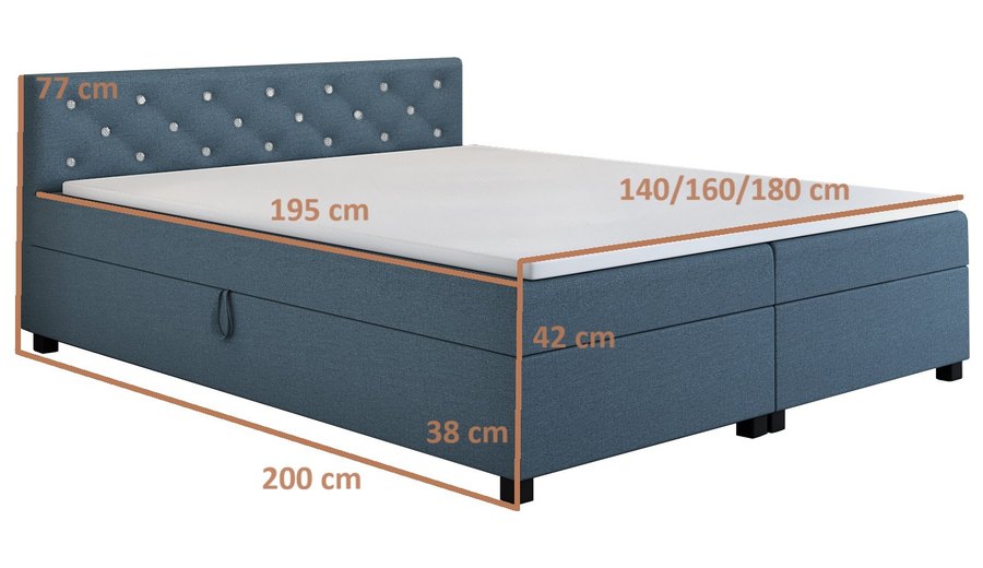 Maßzeichnung — Princess 180x200 Petrol – Doppelbett mit Bettkasten und Kristallen im Kopfteil