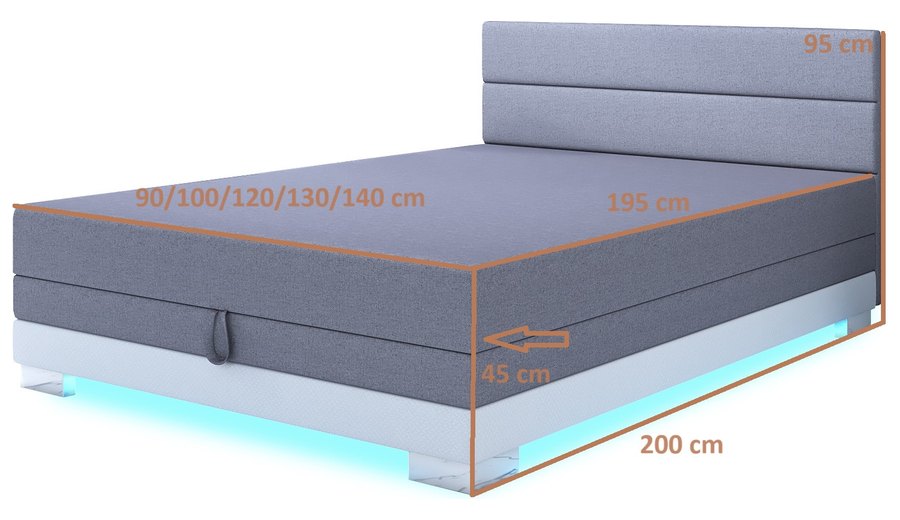 Maßzeichnung — Torin 140x200 Grau – Kontinentalbett mit LED-Band und Bettkasten