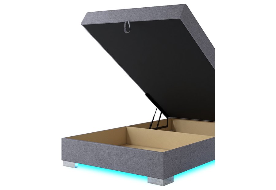 Geöffneter Bettkasten — Torin 140x200 Grau – Kontinentalbett mit LED-Band und Bettkasten