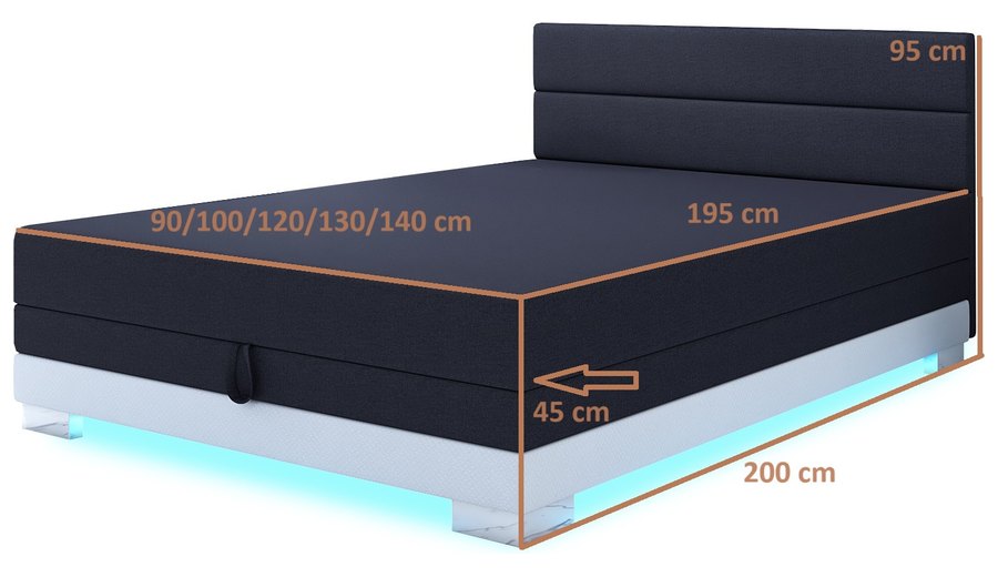 Maßzeichnung — Torin 130x200 Graphit – Kontinentalbett mit LED-Band und Bettkasten