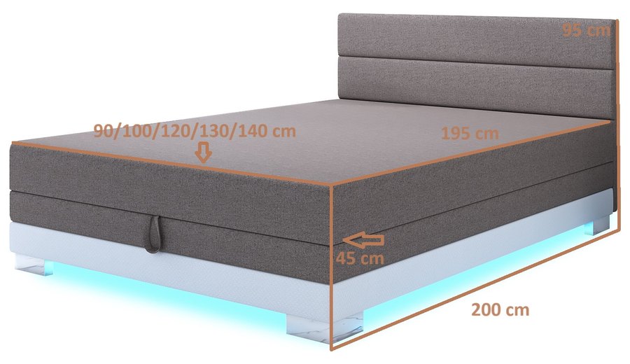 Maßzeichnung — Torin 140x200 Goldbeige – Kontinentalbett mit LED-Band und Bettkasten