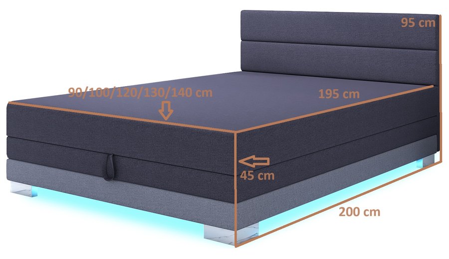 Maßzeichnung — Torin 140x200 Dunkelgrau – Kontinentalbett mit LED-Band und Bettkasten