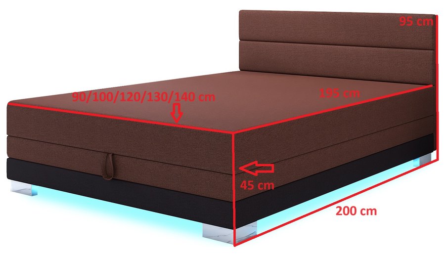 Maßzeichnung — Torin 140x200 Rostbraun – Kontinentalbett mit LED-Band und Bettkasten