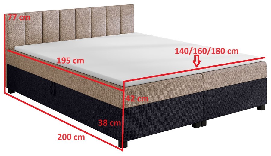 Maßzeichnung — Leo 160x200 Beige-Graphit – Doppelbett mit Bettkasten und gestepptem Kopfteil