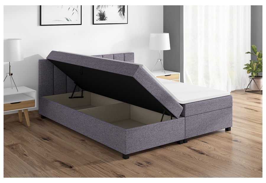 Geöffneter Bettkasten — Leo 160x200 Beige-Graphit – Doppelbett mit Bettkasten und gestepptem Kopfteil