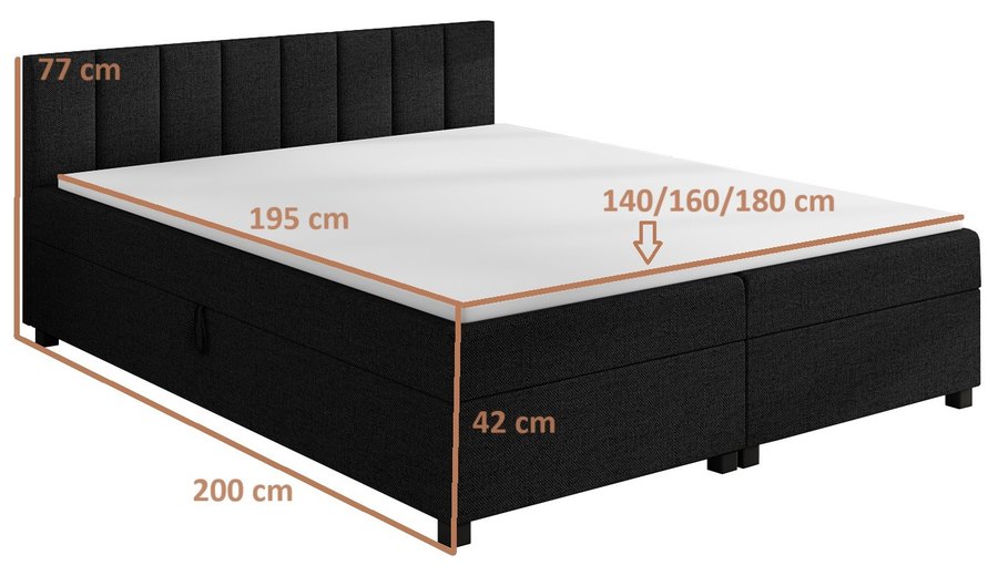 Maßzeichnung — Leo 180x200 Schwarz – Doppelbett mit Bettkasten und gestepptem Kopfteil