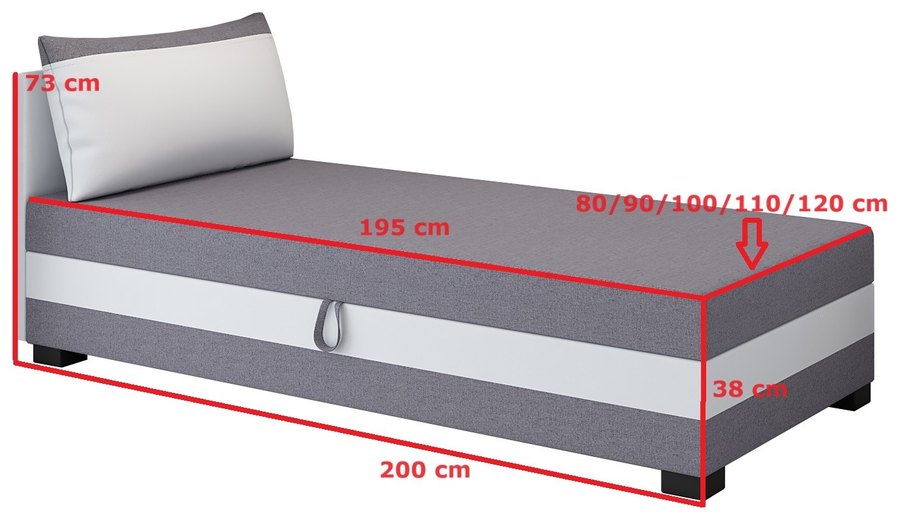 Maßzeichnung — Ilia 110x200 mit Kopfteil und Kissen – Polsterliege mit Bettkasten in zwei Farbtönen