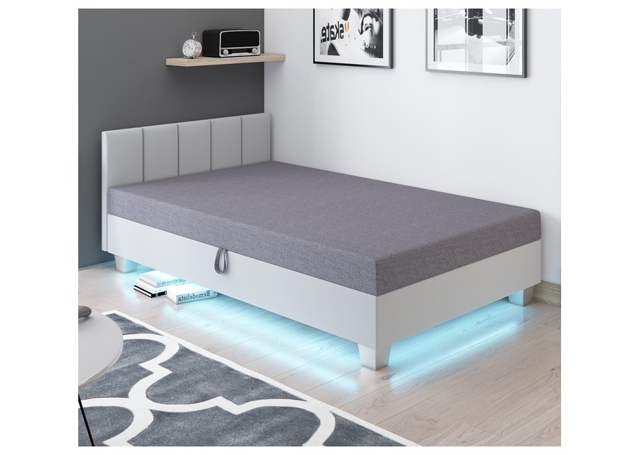 Marcela LED 130/140x200 – Polsterbett mit Streifen-Kopfteil und Licht unter dem Rahmen