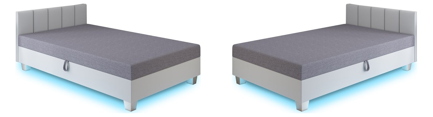 Linke und rechte Ausführung — Marcela LED 130/140x200 – Polsterbett mit Streifen-Kopfteil und Licht unter dem Rahmen