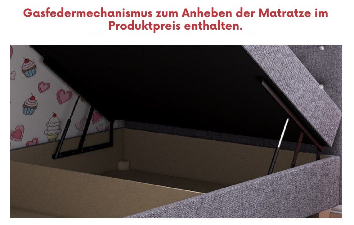 Geöffneter Bettkasten — Lady – Polsterliege mit Kristallen am Kopfteil