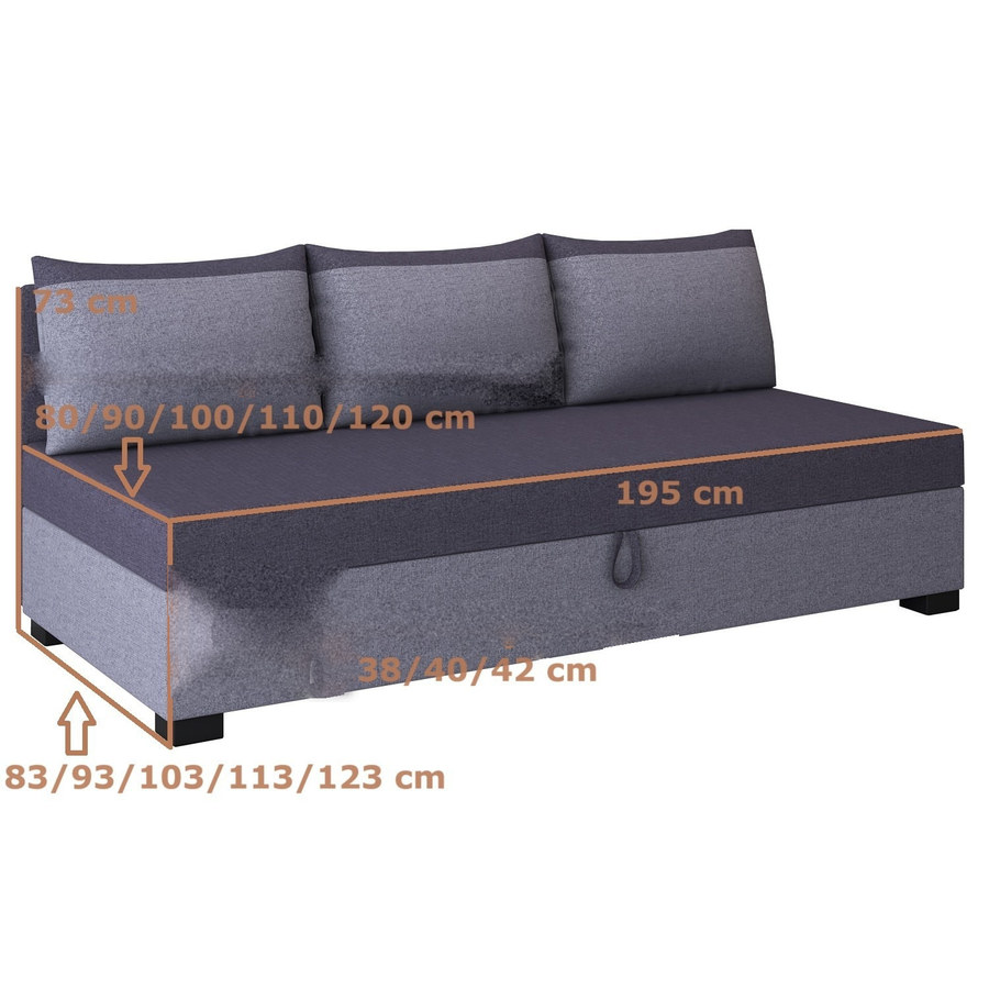 Maßzeichnung — Uma mit Seitenteil – Schlafsofa und Bett mit Bettkasten
